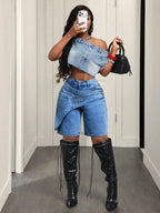 Women's Casual Denim Shorts, Cross-Waist Design, Loose-Fit, Solid Pattern, Trendy Summer Fashion, Perfect for Parties and Daily Wear
