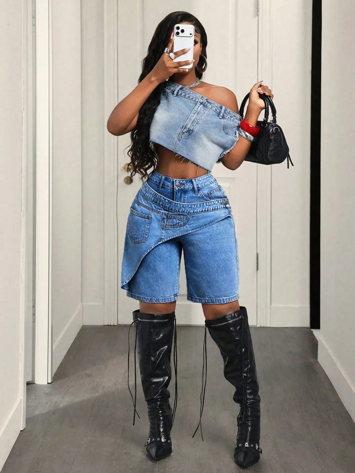Women's Casual Denim Shorts, Cross-Waist Design, Loose-Fit, Solid Pattern, Trendy Summer Fashion, Perfect for Parties and Daily Wear