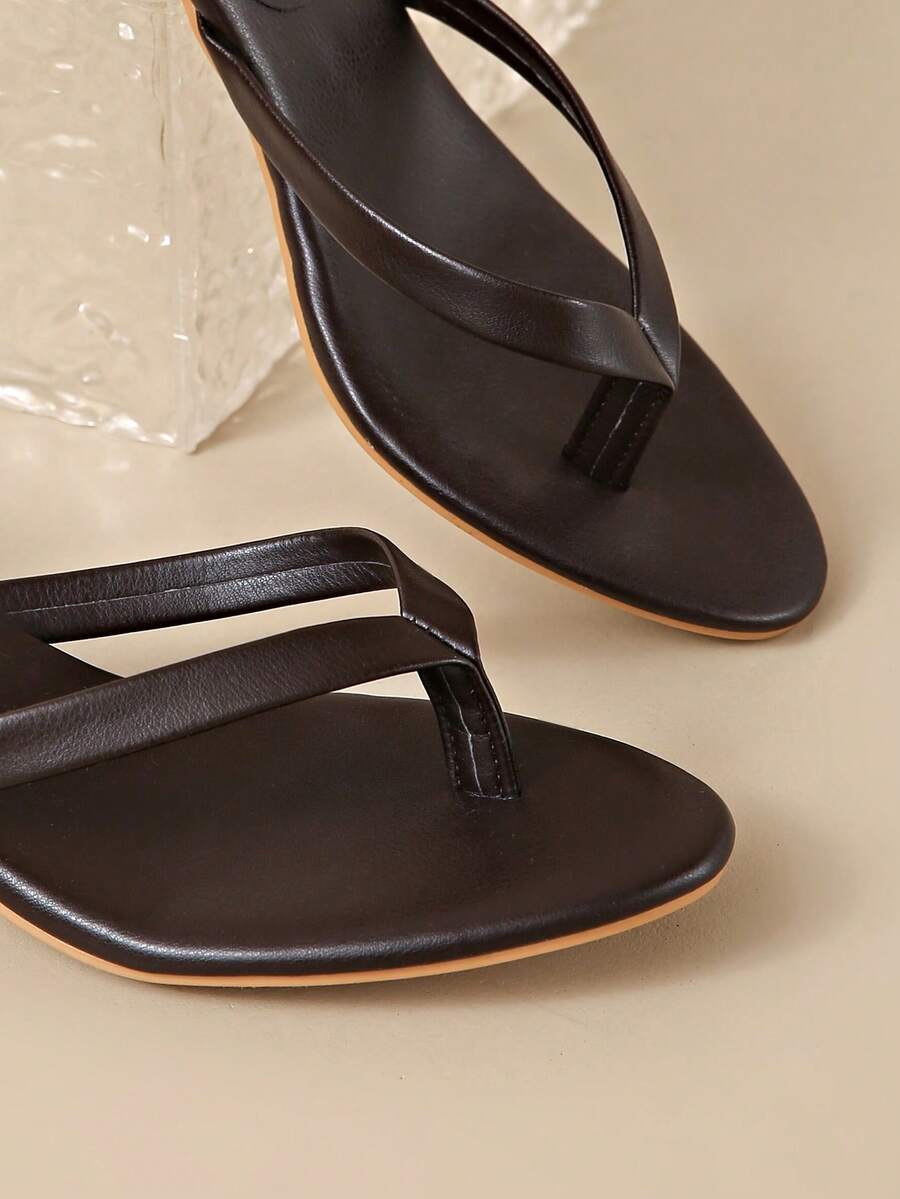 Square Toe Wide Foot Thong Sandals With Thin Heel, Versatile Outdoor Wear Thin Heel Thong Flip Flops For Women, Chic & Elegant