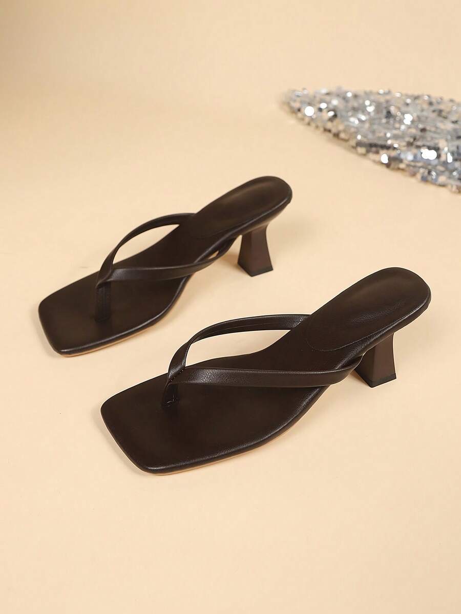 Square Toe Wide Foot Thong Sandals With Thin Heel, Versatile Outdoor Wear Thin Heel Thong Flip Flops For Women, Chic & Elegant