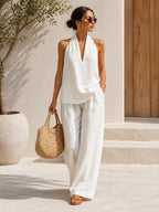 Boho Ice Silk Crinkle Fabric Two Piece Set - Perfect for Beach, Vacation & Brunch! Halter Neck Sleeveless Top Wide Leg Pants Set # TwoPieceSet #   WideLegPants #           HalterNeck #           SummerOutfit #           BohoFashion #