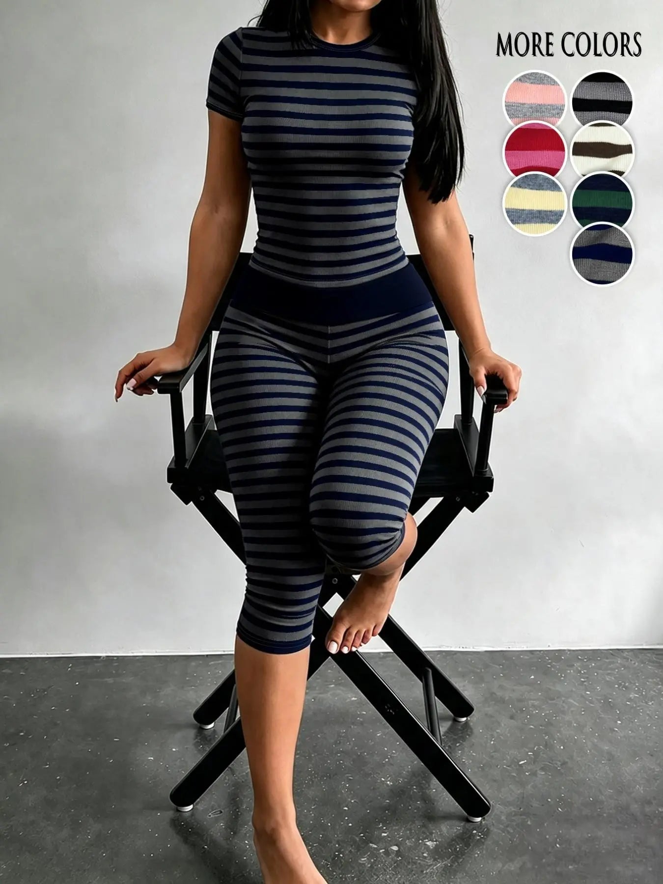 Yellow Grey Striped Two Piece Loungewear Set Crew Neck Short Sleeve Slim Crop Top High Waist Capri Leggings Stretch Fitted Matching Outfit ideal for home relaxation gym training grocery runs and casual everyday all season comfy outfits