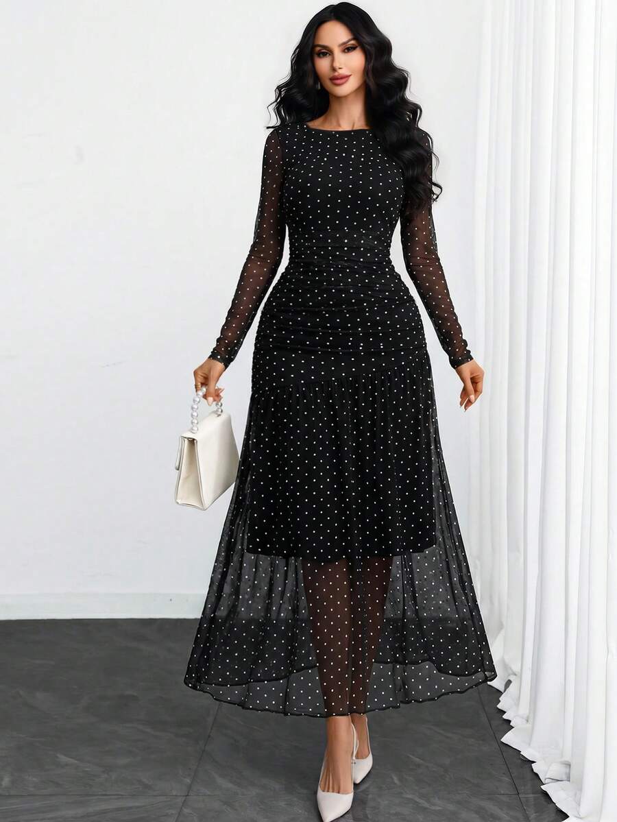 Women's Gothic Sexy Elegant Modern Contrast Stripe Asymmetrical Ruffle Waist Double-Layer Mesh Long Sleeve Dress, Suitable For Dates, Vacations And Daily Commute Spring