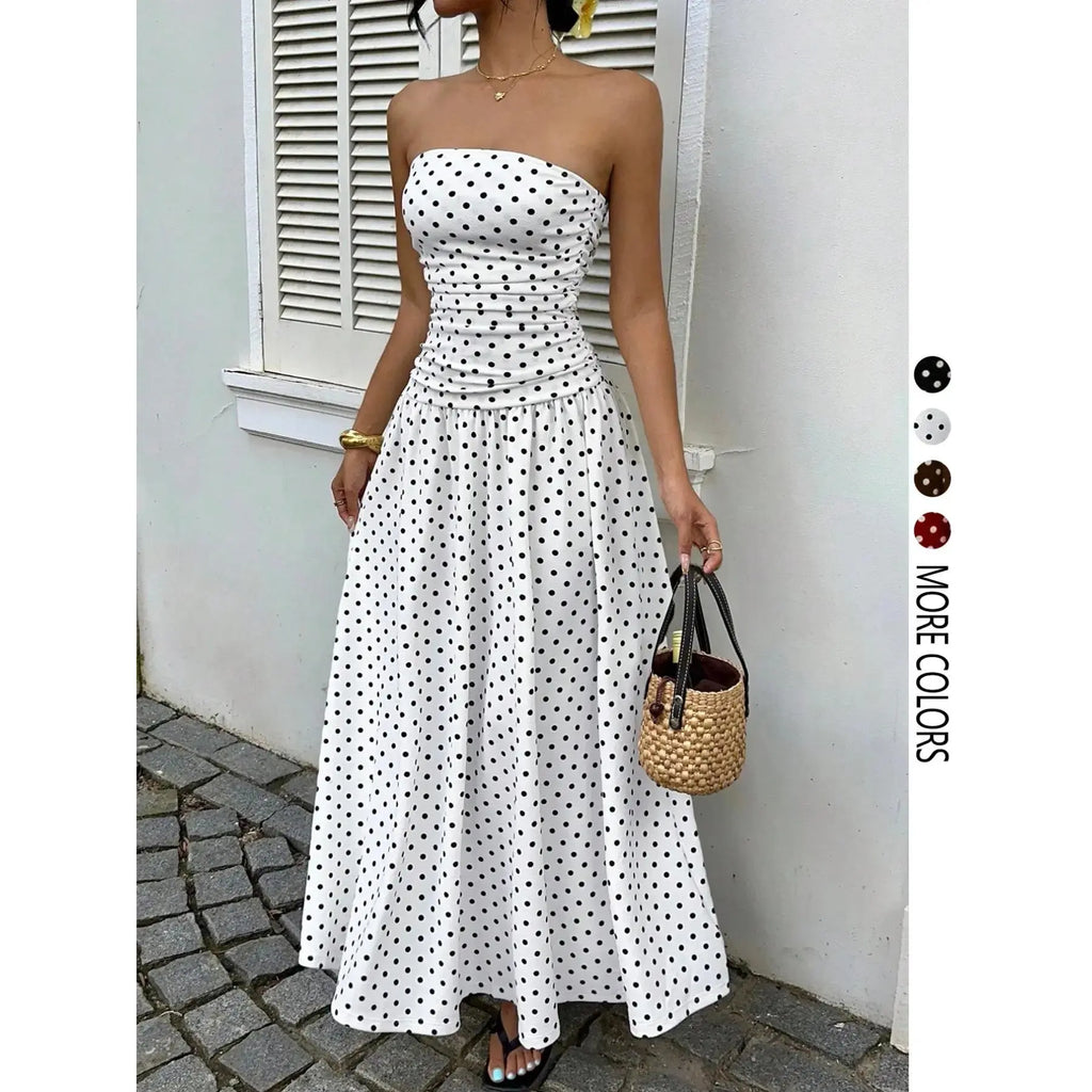 Women's Elegant Chic Fashion Polka Dot Strapless Dress, Stylish Sleeveless Maxi Dress for Parties and Casual Wear
