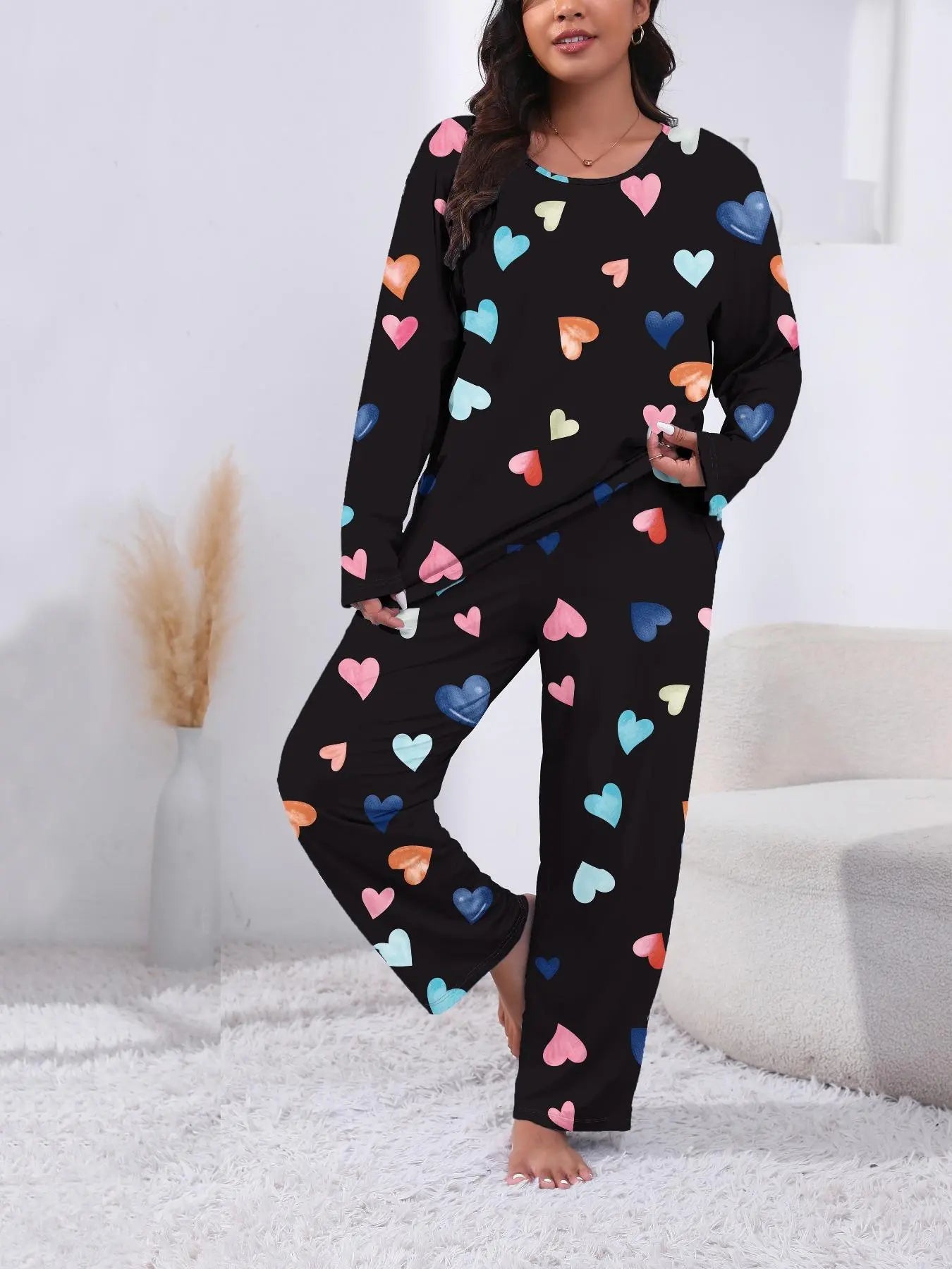 Plus Size Heart Print Pyjama Lounge Set for Women