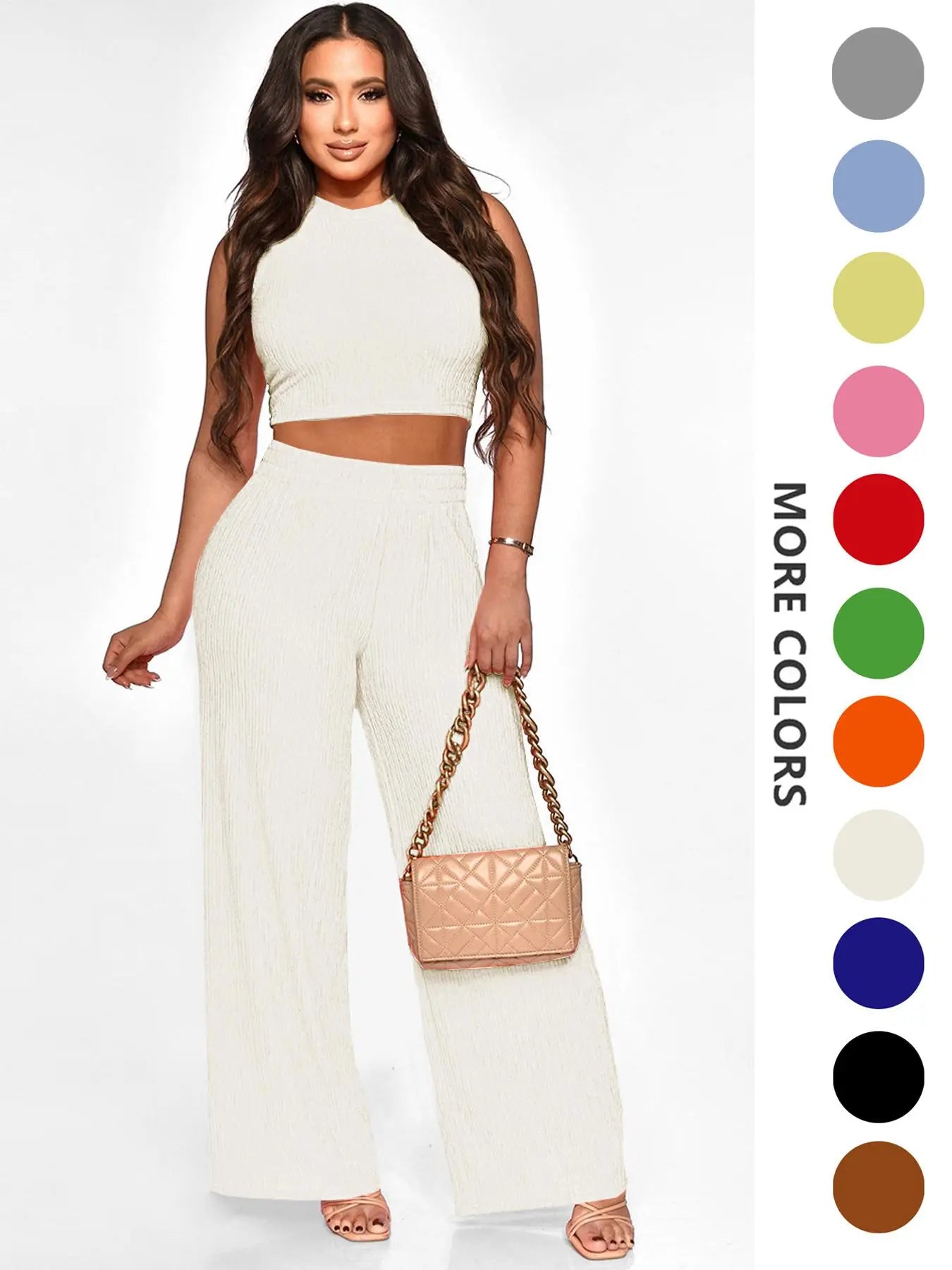 Two-Piece Set Women's Solid Textured Knit Fabric Co-ord Set Suits, Casual Round Neck Crop Tank Top & High Waist Wide Leg Pants Set, Ladies Summer Fit Clothes for Daily Wear, Womenswear