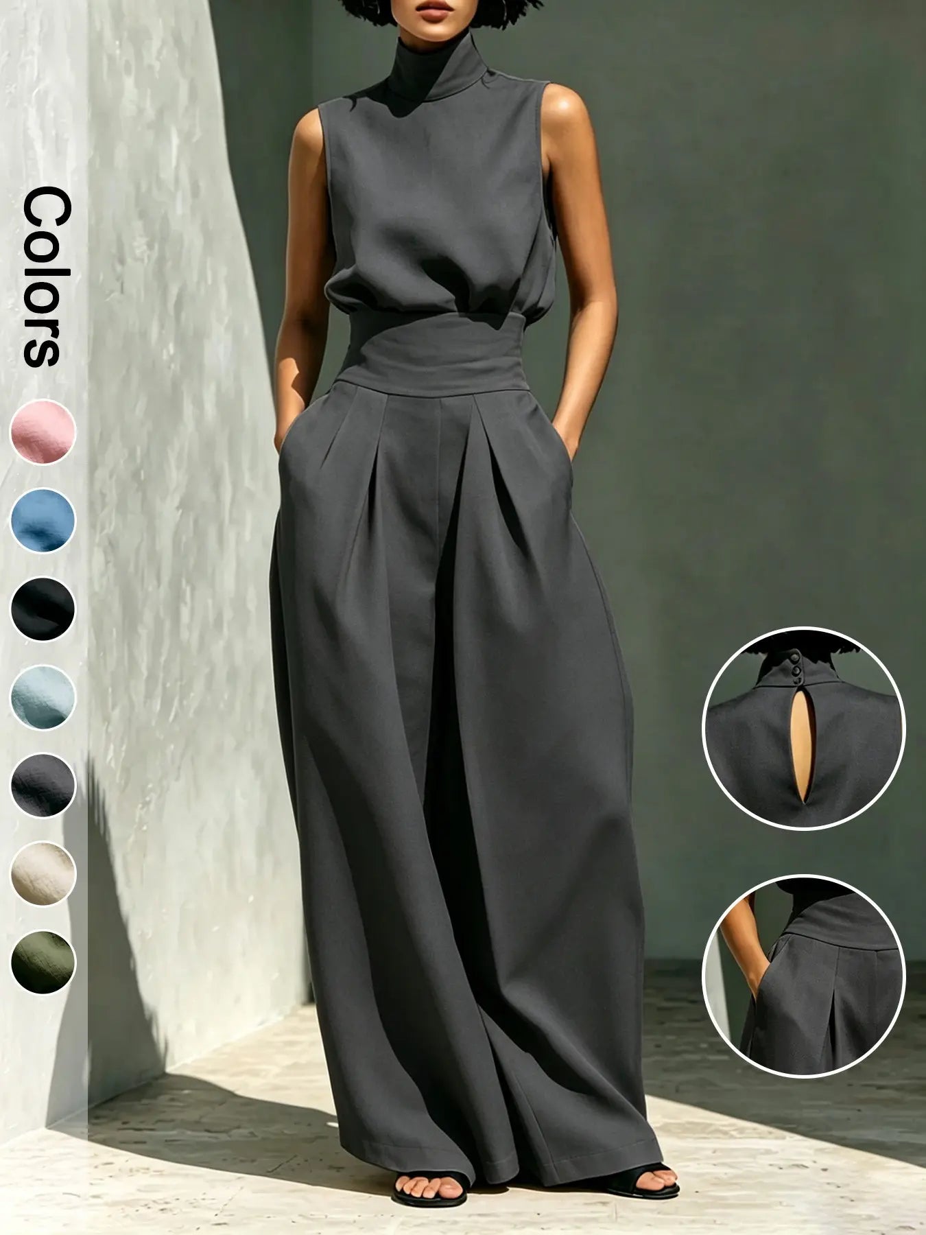 Women's High-Neck Sleeveless Top and High-Waist Wide-Leg Pants Two-Piece Set, Elegant Chic Formal Outfit for Fashionable Ladies, Clothes