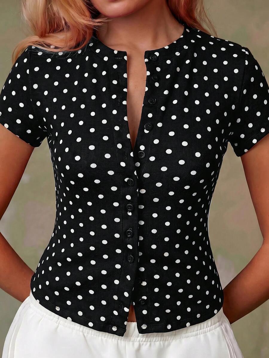 Women's Casual Red Single-Breasted Short Sleeve Fitted Top,Red Top,Christmas, Cute Vacation,Resort Wear,Summer Holiday,Spring,Spring Break,Beach