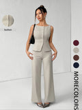 Women's Solid Button Front Sleeveless Tank Top & Wide Leg Pants Set, Casual Elegant Chic Minimalist Fashion Two-piece Set for Summer, Women's Clothing for Daily Wear, Suits, Office Siren Outfits, Casual Matching Set, Corporate Outfits Women