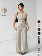 Women's Solid Button Front Sleeveless Tank Top & Wide Leg Pants Set, Casual Elegant Chic Minimalist Fashion Two-piece Set for Summer, Women's Clothing for Daily Wear, Suits, Office Siren Outfits, Casual Matching Set, Corporate Outfits Women