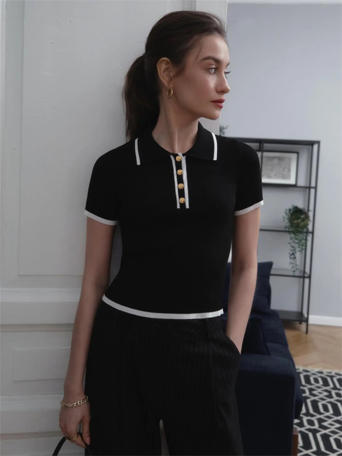 Women's Contrast Binding Polo Neck Knit Top, Casual Fit Button-Front Short-Sleeve Knitting Top for Summer, Fashion Knit Polo Shirt for Women's Daily Wear, Collared Polo Shirts, Summer Tops