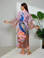 Plus Size Peacock & Floral Print Belted Wrap Kimono Cardigan, Casual Chic Style Split Hem Kimono Cardigan Sleeves, Women's Summer Swimwear for Beach Holiday Vacation
