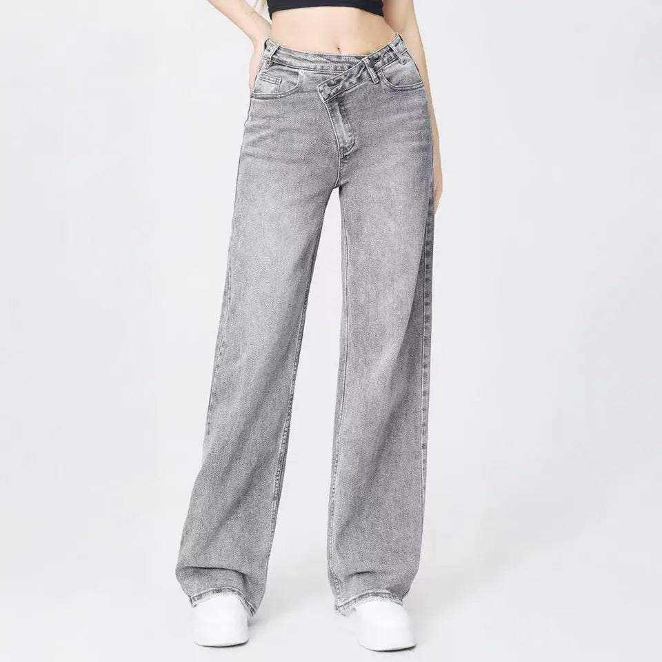 Women's Street Chic High Waist Multi-Pocket Baggy Denim Wide Leg Jeans, Versatile Streetwear Outfits, Asymmetric Waist Denim Trousers