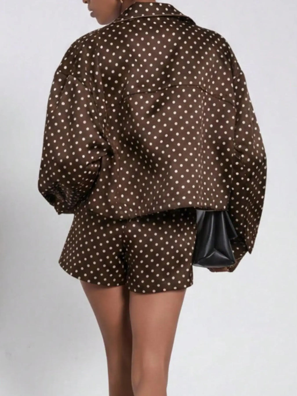 Women's Spring/Fall European Style Two-Piece Button Front Suit, Stand Collar Vintage Polka Dot Long Sleeve Blazer & Shorts, Pilot Look Outerwear Short Suits Top