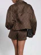 Women's Spring/Fall European Style Two-Piece Button Front Suit, Stand Collar Vintage Polka Dot Long Sleeve Blazer & Shorts, Pilot Look Outerwear Short Suits Top