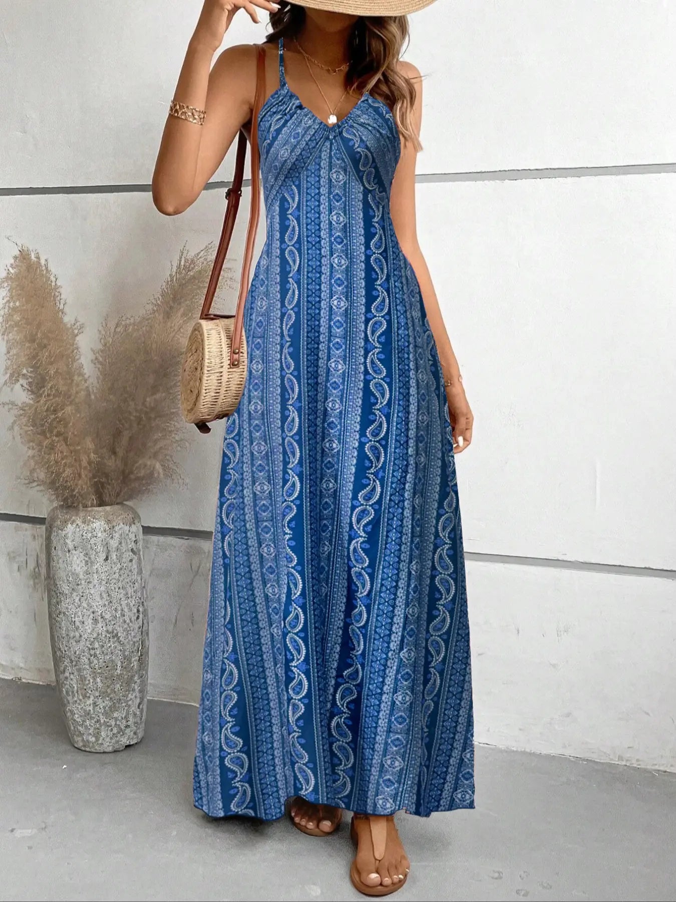 Women's Printed Split Long Sleeveless Dress, Classic Stripe Design, Backless Criss Cross Strap, Spring Summer Fall Wear, Casual Boho Elegant Bohemian Style Womenswear