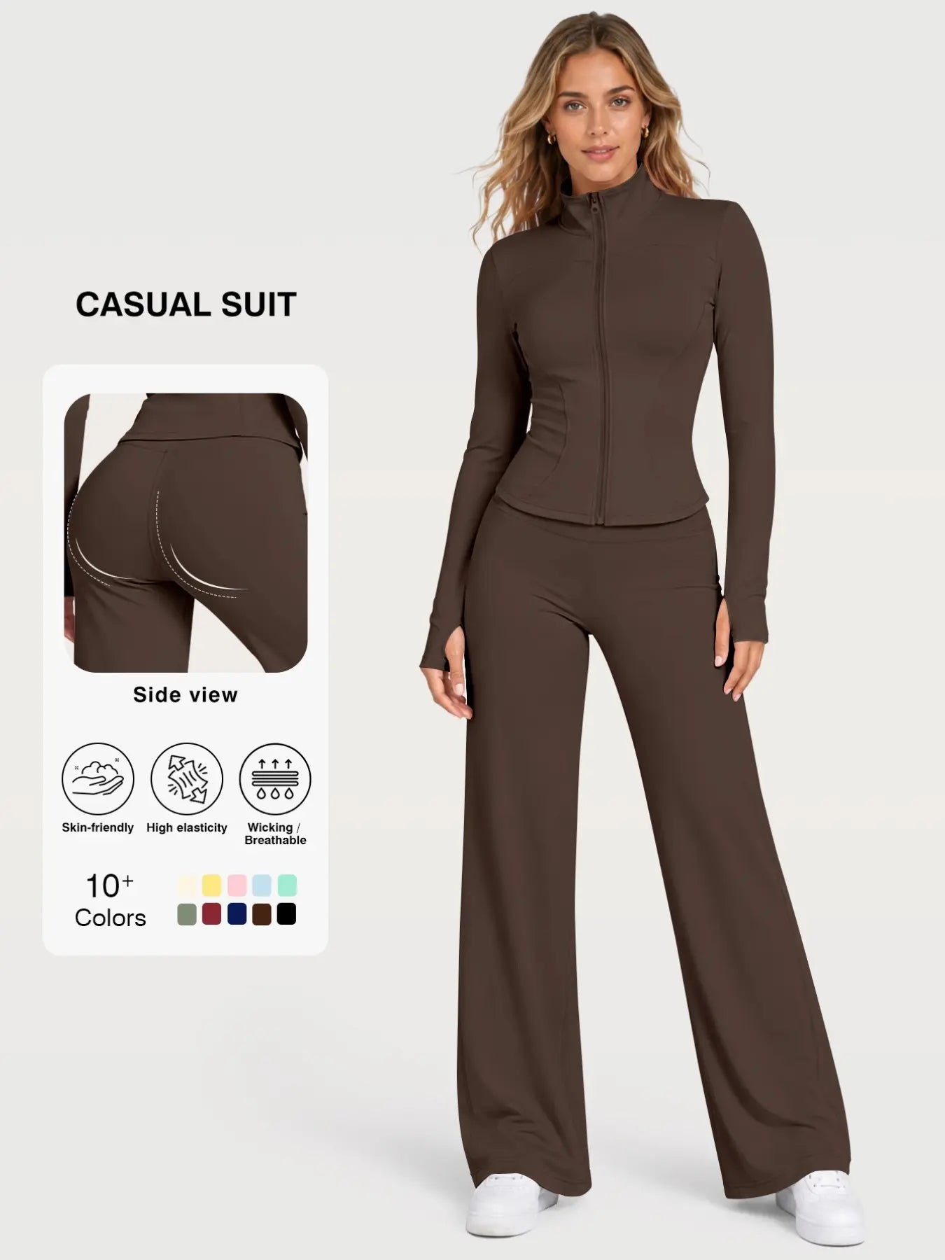 Flexaura Two-Piece Set, High-Waist Wide-Leg Pants & Zipper Jacket, Breathable Sporty, Long Sleeve, All Seasons, Yoga & Gym Wear