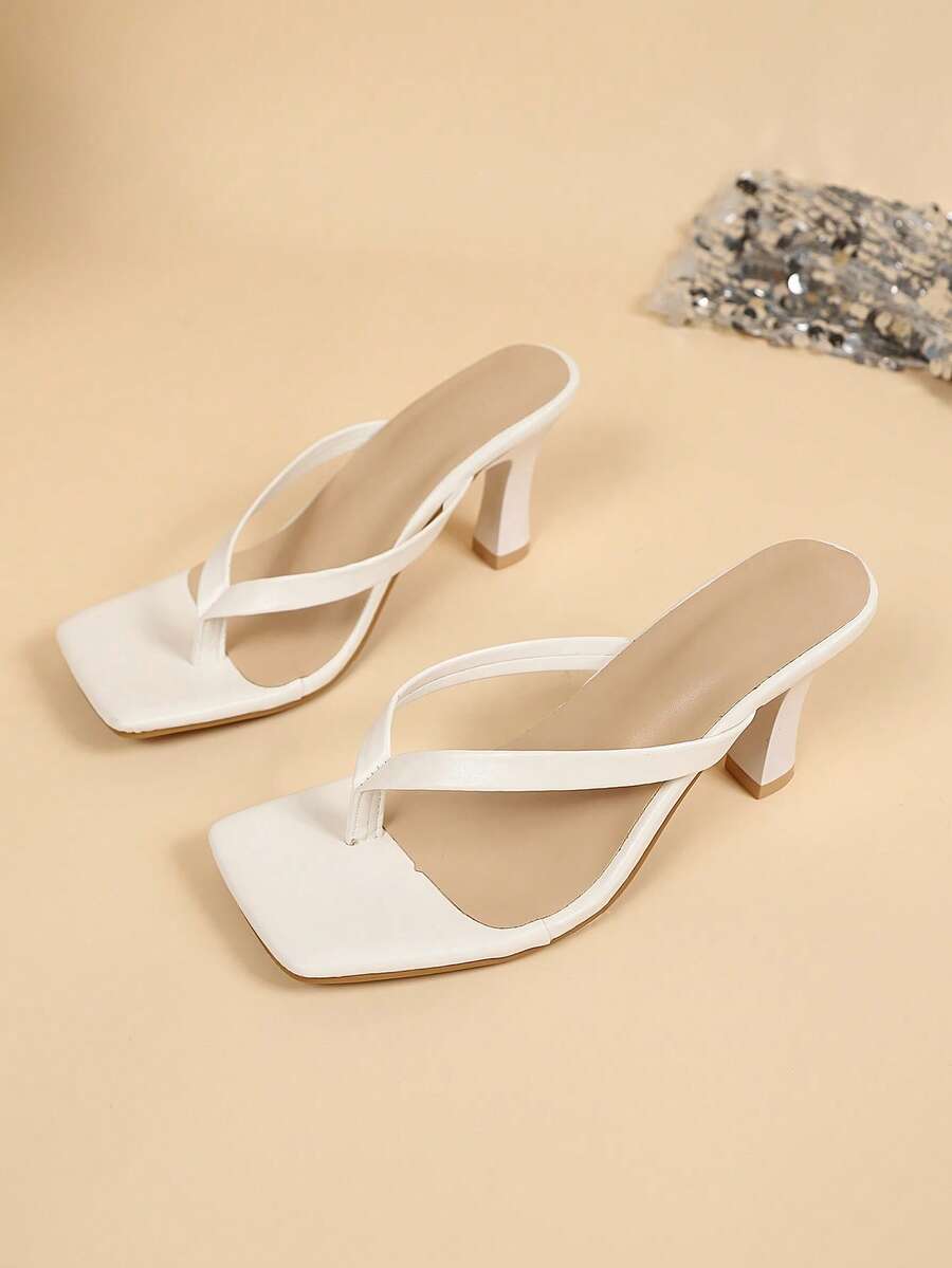 Square Toe Wide Foot Thong Sandals With Thin Heel, Versatile Outdoor Wear Thin Heel Thong Flip Flops For Women, Chic & Elegant