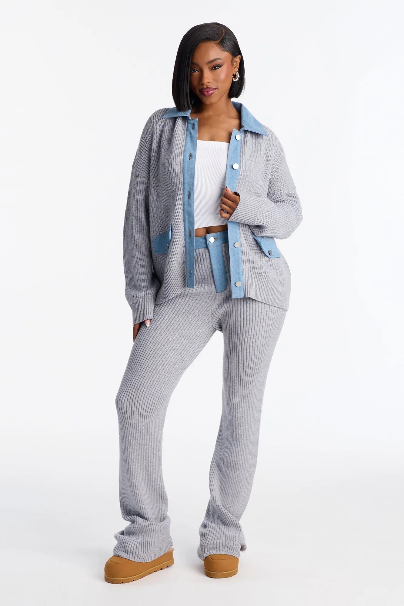Michelle Denim Sweater Mix Pant Set - Grey