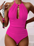 Women's Solid Cutout Ruched Backless One-Piece Swimsuit with Tie-Back Design, Fashion Swimsuit for Summer Beach Holidays and Vacations, Halter Bathing Suit, High Stretch Swimwear, Backless Swimwear