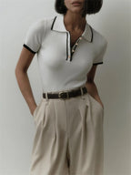 Women's Contrast Binding Polo Neck Knit Top, Casual Fit Button-Front Short-Sleeve Knitting Top for Summer, Fashion Knit Polo Shirt for Women's Daily Wear, Collared Polo Shirts, Summer Tops