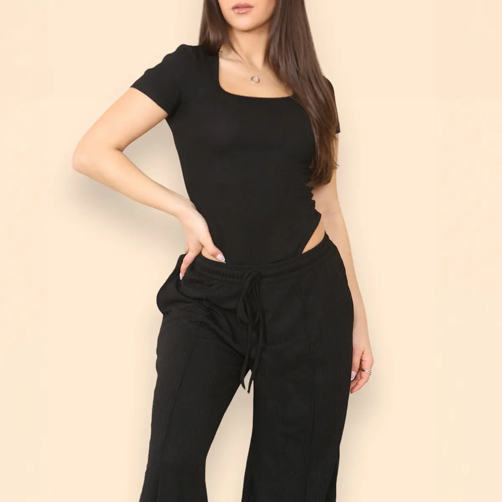 Women's Trendy Square Neck Shaping Bodysuit & High Waist Wide Leg Pockets Trousers Co-ord,Short Sleeve Shapewear,Two-Piece Outfit for Womenswear