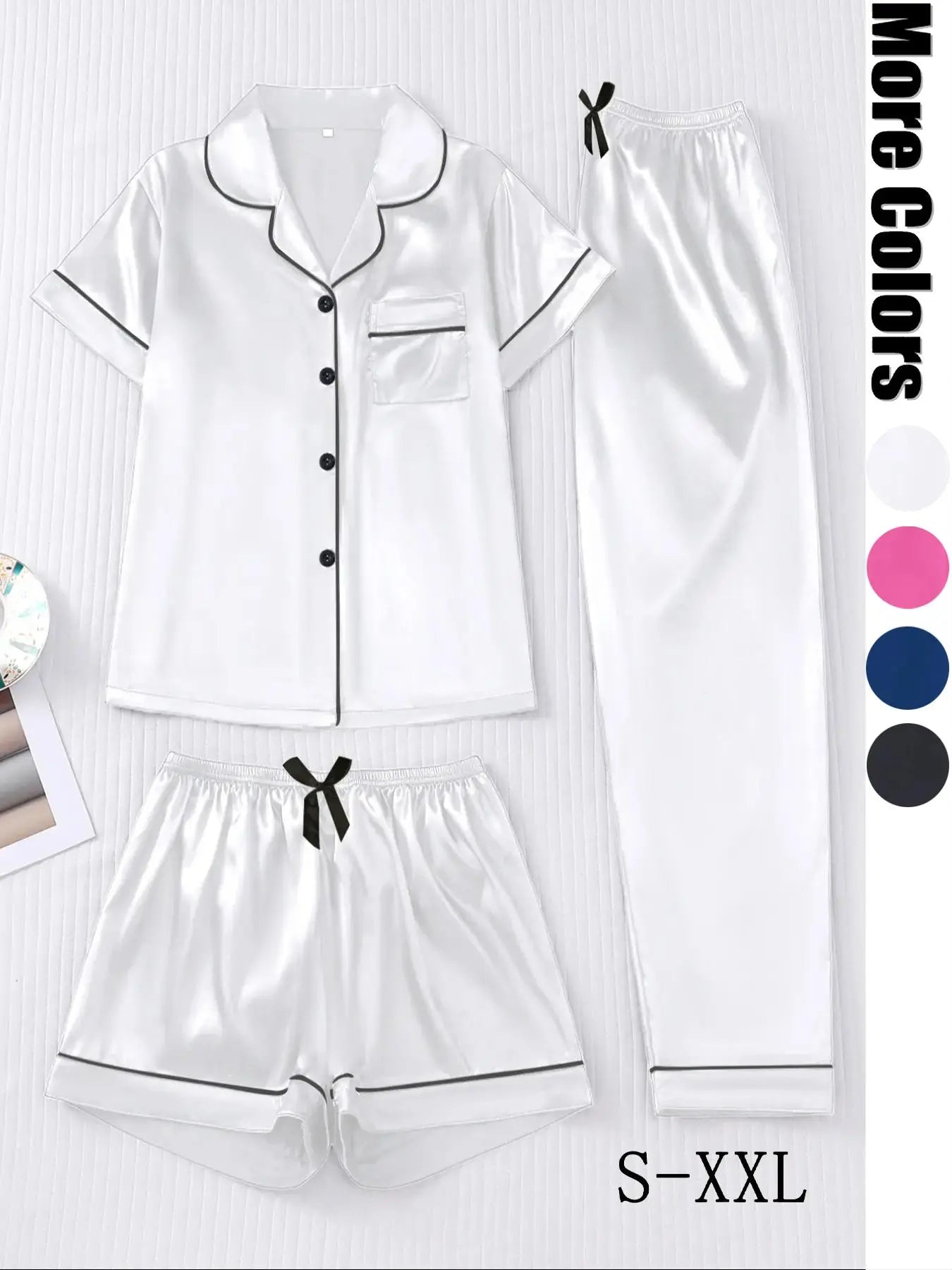 Women's Solid Satin Pyjama Three-piece Set