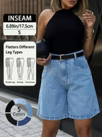 Summer Elastic Waist Casual Daily Commute Streetwear Solid Color Denim Fabric Shorts Five-Quarter Pants, Comfortable and Stylish Jeans for Women