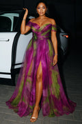 Off Shoulder Overlap Print Mesh Slit Party Maxi Dresses-Purple