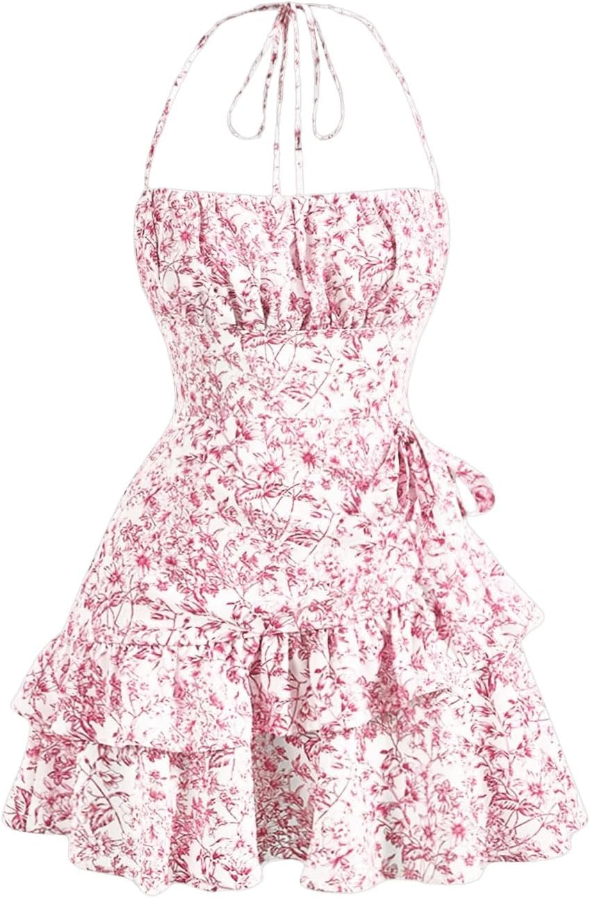 Floerns Women's Floral Halter Ruffle Tiered Cute Summer Mini Dress Milkmaid Vacation Sundress