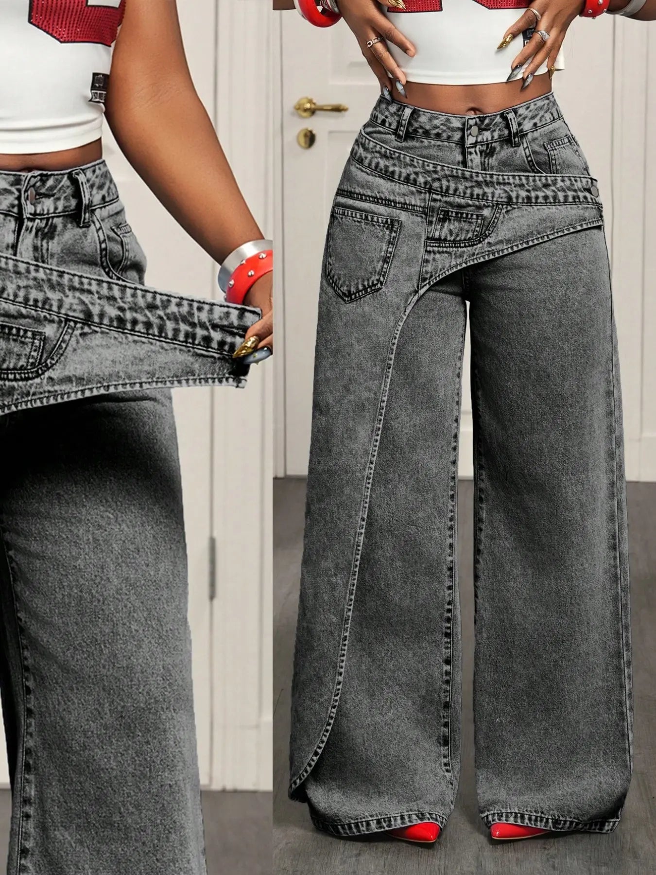 Women's Casual Denim Long Pants, Elegant Plain Pattern, Loose-Fitting, All-Season Fashion, Trendy Asymmetrical Design