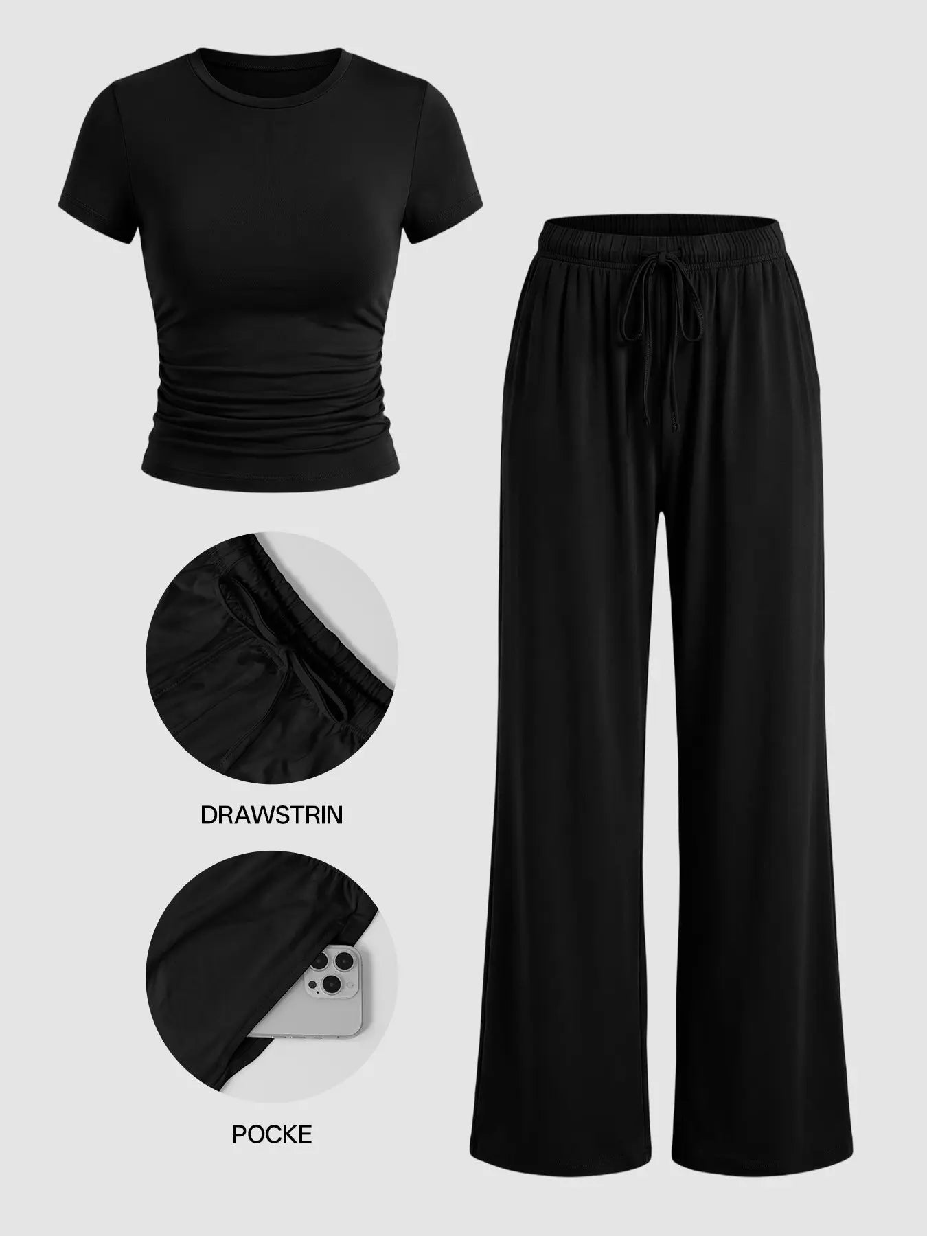 Ladies Autumn Casual Home Lounge Set, High Stretch Soft Fabric, Crew Neck, Wide Leg Tracksuit Pants, 2-Piece, Comfortable & Flattering
