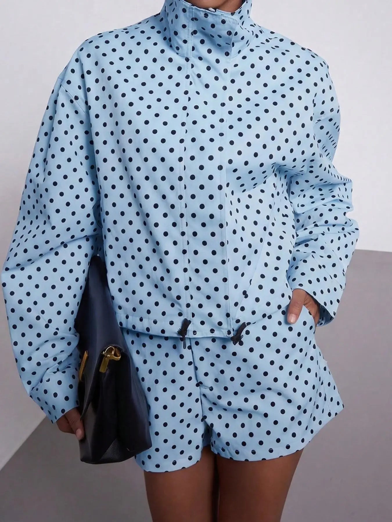 Women's Spring/Fall European Style Two-Piece Button Front Suit, Stand Collar Vintage Polka Dot Long Sleeve Blazer & Shorts, Pilot Look Outerwear Short Suits Top
