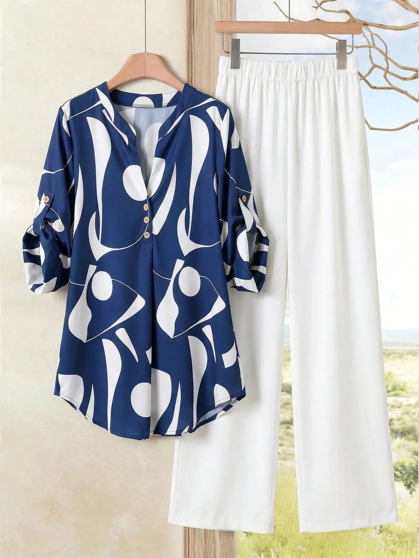 2pcs Women Contrast Color Print Shirt And Pants Set Old Money Style Business Casual Woman Blouse Sets For Ladies Two Piece