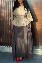 Women Round Neck Waist Cinched Top+ Half Skirt Elegant Casual Suit