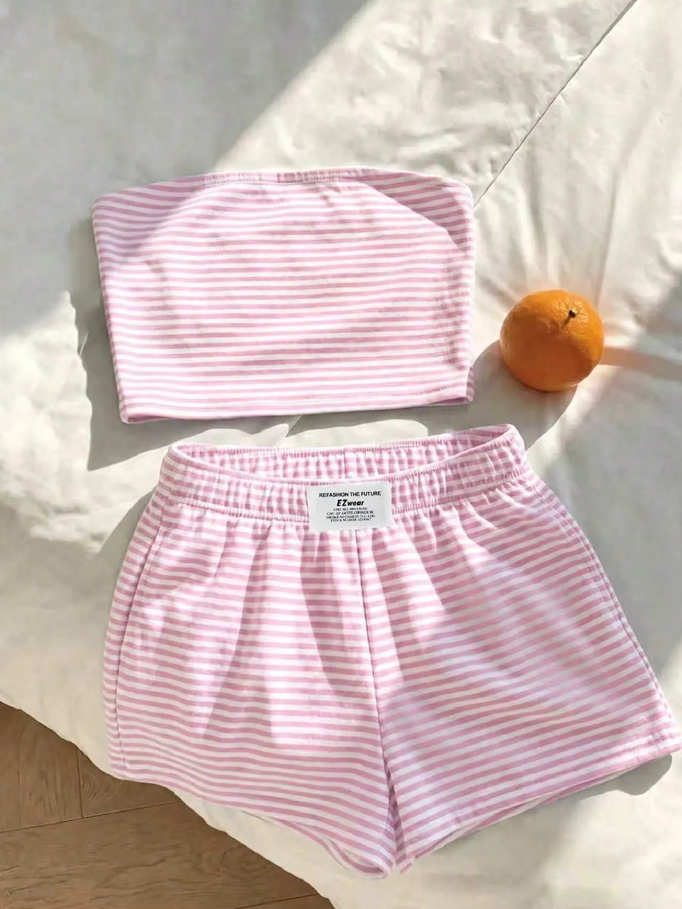 Comfortcana Women Summer Outfit,Pink And White Striped Tube Top & Shorts 2-Piece Set,Cute Casual Minimalist Everyday Versatile Resort Beach Outfit For Ladies