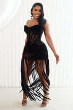 Strapless Semi-Sheer Corset Fringe Party Mini Dresses-Black
