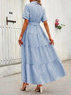 Women's Striped Print Adjustable Belted Button Dress, Elegant Chic Casual Fashion Long Dress for Summer, Breathable Lightweight Dress, Women's Clothing for Daily Wear, Fit, Womenswear, Maxi