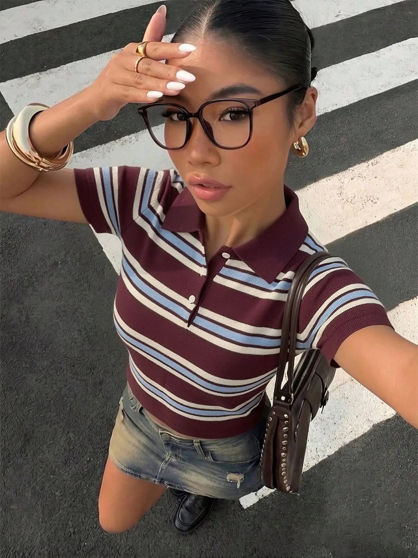 Women's Preppy Striped Knit Polo Shirt, Slim-Fit Short-Sleeve with Contrast Collar, Soft Lightweight Summer Top, Striped Polo Shirts