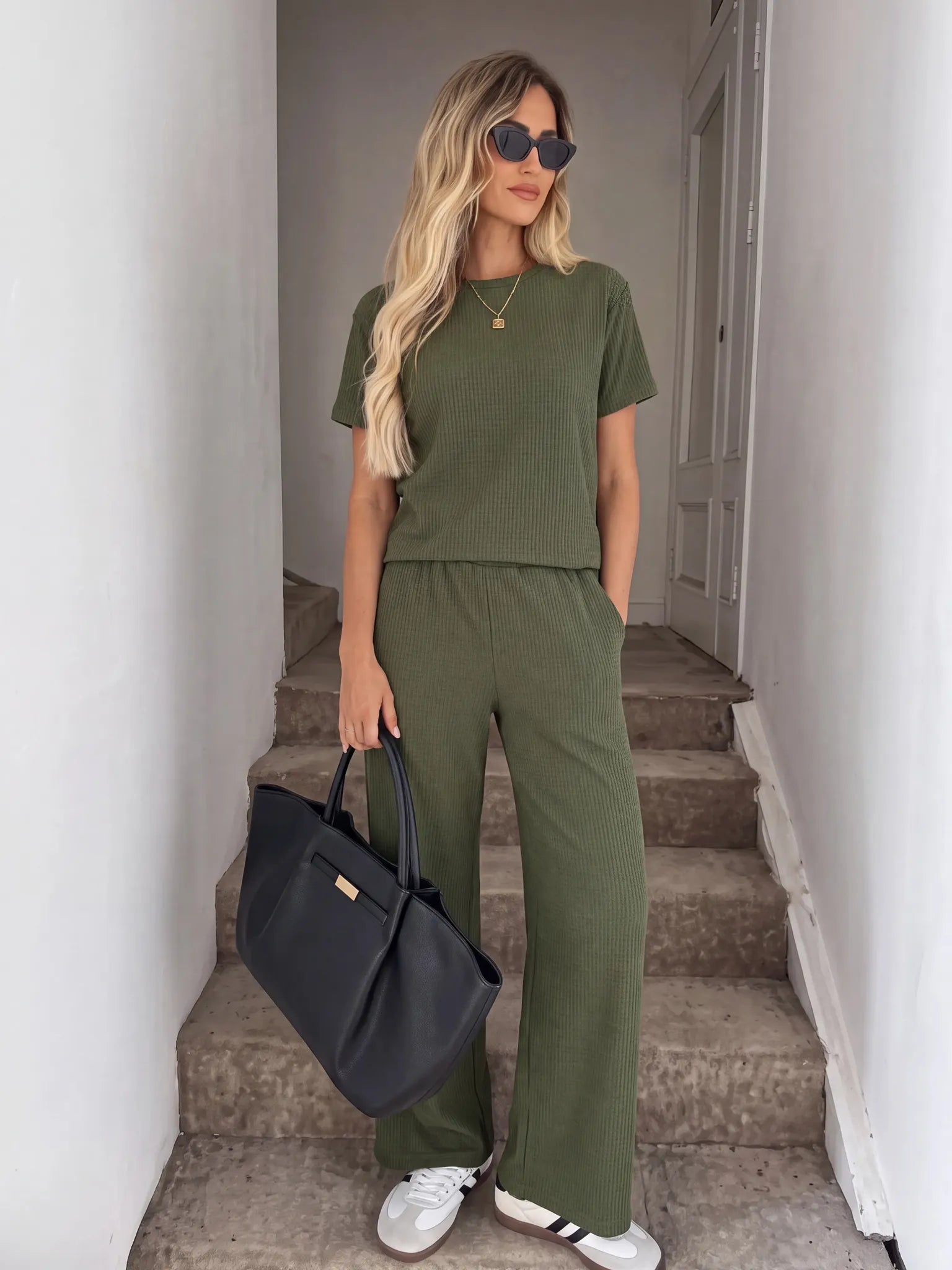Solid Tee Wide Leg Pants,Casual Travel Coffee Brown Summer