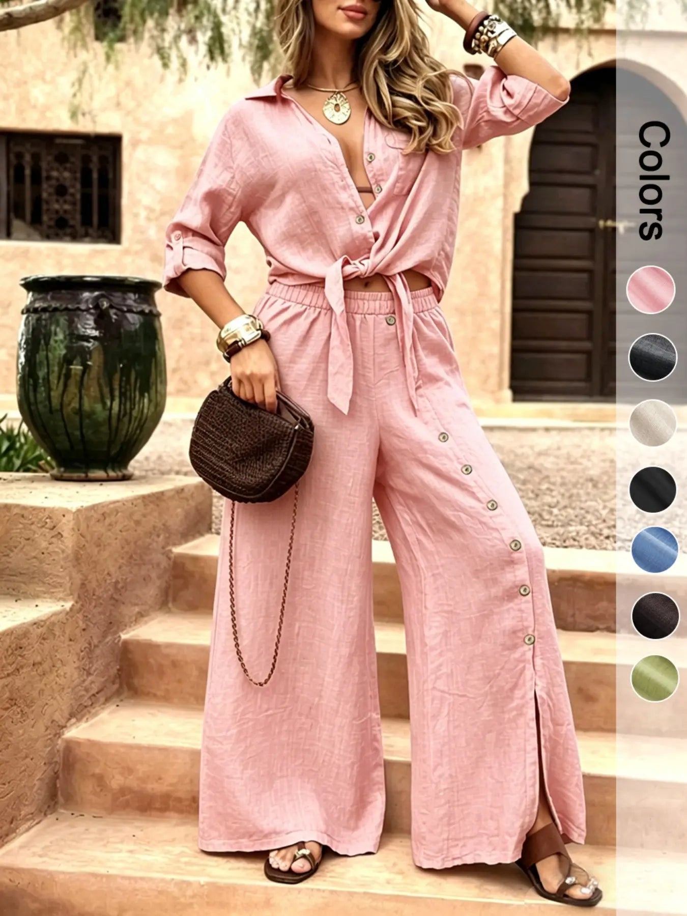 Women's Two-Piece Vacation Style Shirt and Pants Set, Tie-Down Hem Shirt with Fake Button Decoration, Wide Leg Pants Set, Loose