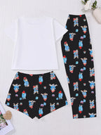 3-Piece Casual Women Pjs Pajama Set with Padding Bear Print