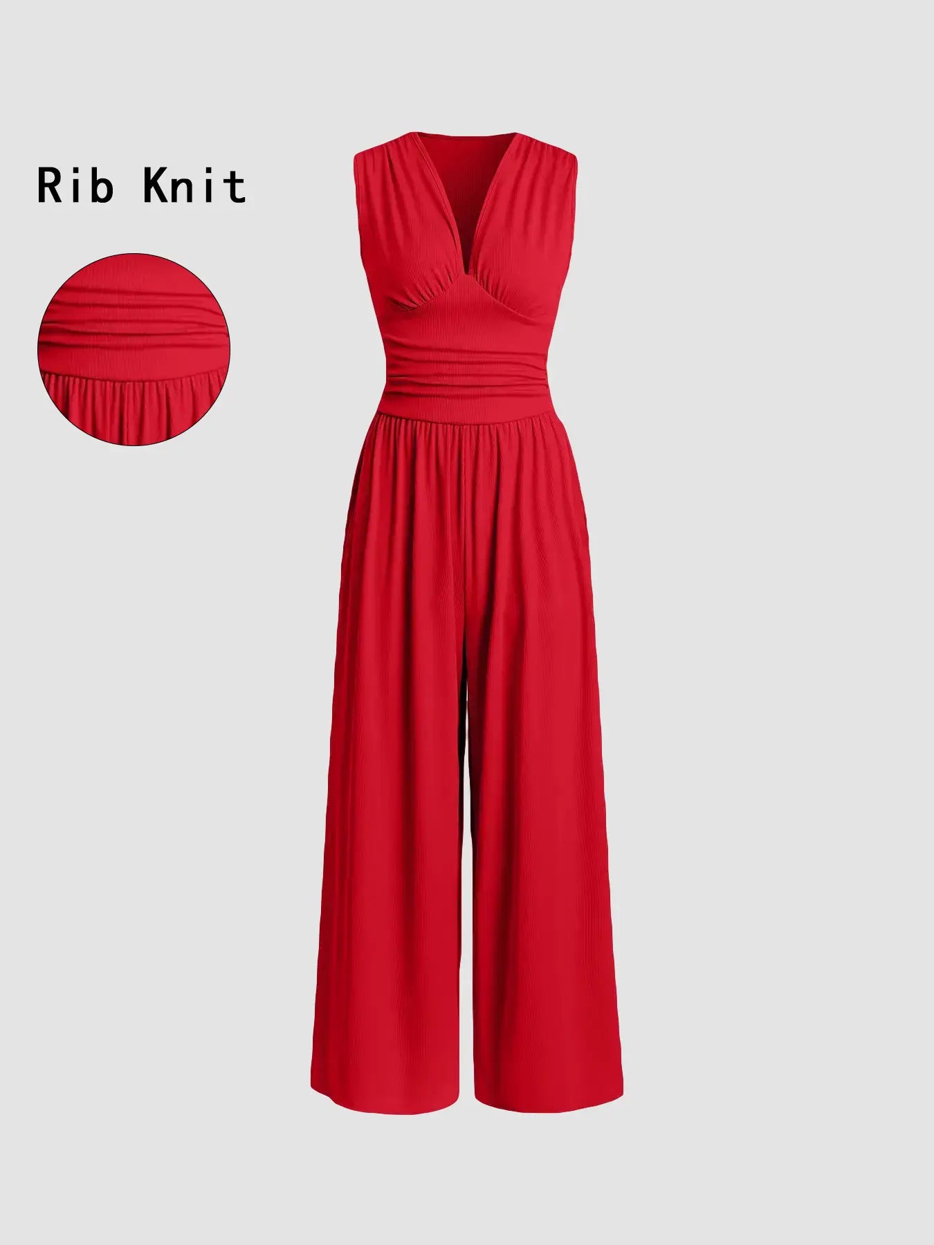 Women's Plain Ruched Deep V Neck Wide Leg Jumpsuit, Sleeveless Ribbed Jumpsuit for Daily Wear, Ladies Clothes for All Seasons, Casual Basic Jumpsuit, Casual Jumpsuits