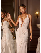 Daiki Halterneck Ruched Maxi Dress In Champagne