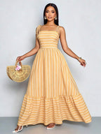 Women's Blue And White Stripe Flowing Maxi Dress,Summer Elegant Holiday Tea Party Holiday,Shoulder Straps Chest Gathering,Beach Casual Gown
