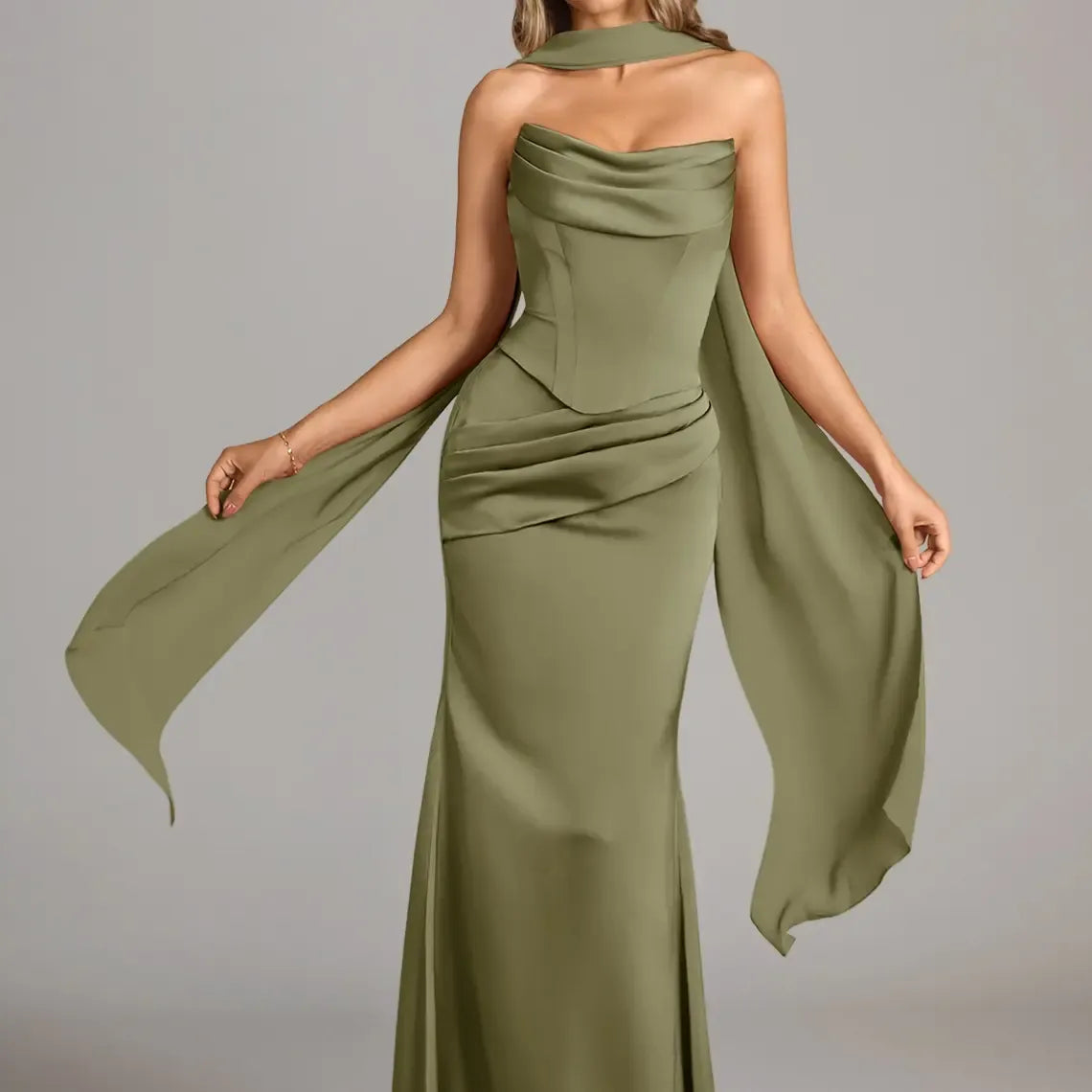 Azazie Sorrel Corset Lace-up Mermaid Wedding Guest Evening Luminous Satin Maxi Dress Minimalist