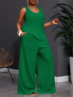 Women's Plus Size Matching Two-Piece Set: Sleeveless Tank Top and Wide Leg Pants, Loose Fit, Summer Vacation, Comfortable and Stylish