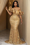 One Shoulder Ruffle Pattern Mesh Mermaid Party Maxi Dresses-Gold