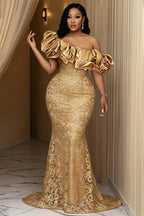 One Shoulder Ruffle Pattern Mesh Mermaid Party Maxi Dresses-Gold