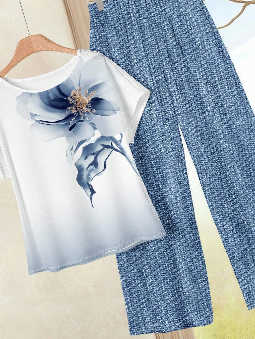 Women's Navy Blue Floral Summer Boho Casual Vacation Holiday 2 Pieces Outfits Plants-Pattern Pants And Round Neck Batwing Sleeve Blouse Woven Set
